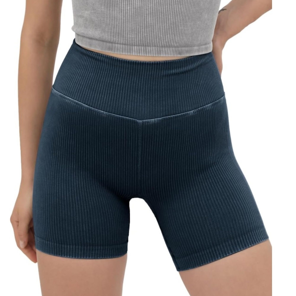 Seamless High Waist Acid Washed Ribbed Biker Shorts